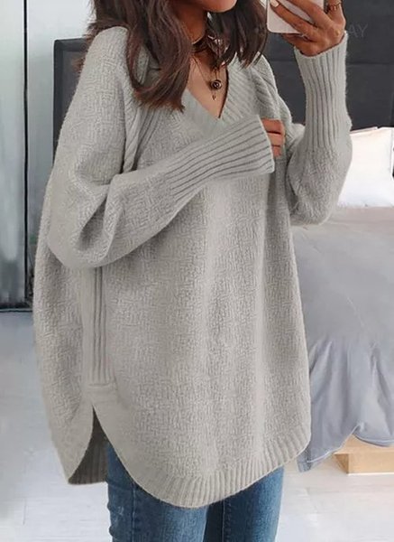 

V Neck Casual Yarn/Wool Yarn Sweater, Gray, Sweaters & Cardigans