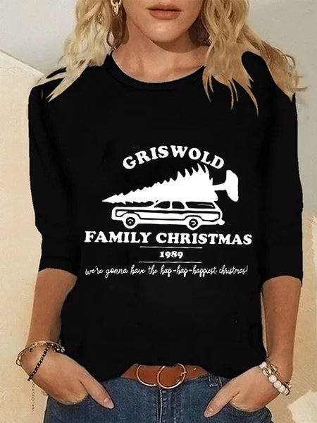 

Christmas Casual Letter Crew Neck Long Sleeve T-shirt, Black, T-Shirts