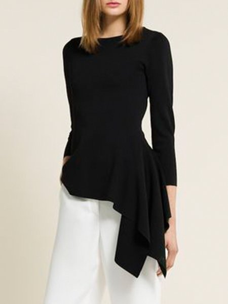 

Three Quarter Crew Neck Solid Skinny Lady Top, Black, Tops