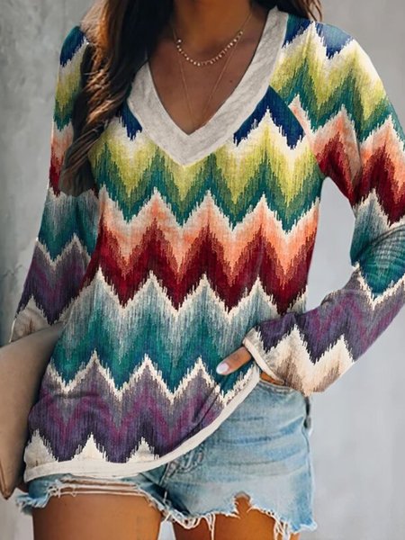 

Casual Long Sleeve V Neck Plus Size Printed Tops T-shirts, Multicolor, T-Shirts