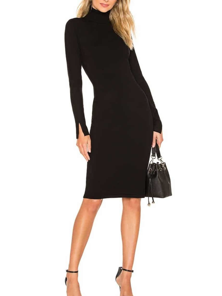 

Winter Cotton Simple Elegant Simple Long sleeve High Neck Work Formal Date Dresses, Black, Midi Dresses