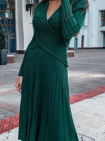 

Long Sleeve V Neck Solid Lady Sweater Suit, Dark green, Two-piece Set