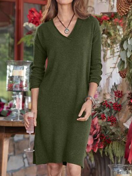 

V Neck Solid Casual Loosen Dresses, Green, Casual Dresses