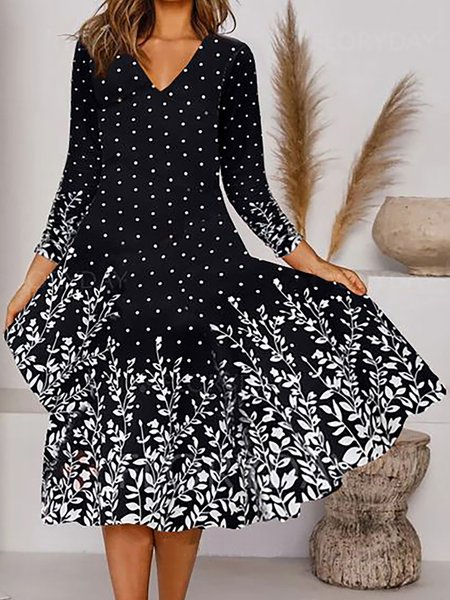 

Casual Floral Print V-Neck Midi A-line Knitting Dress, Black, Floral Dresses