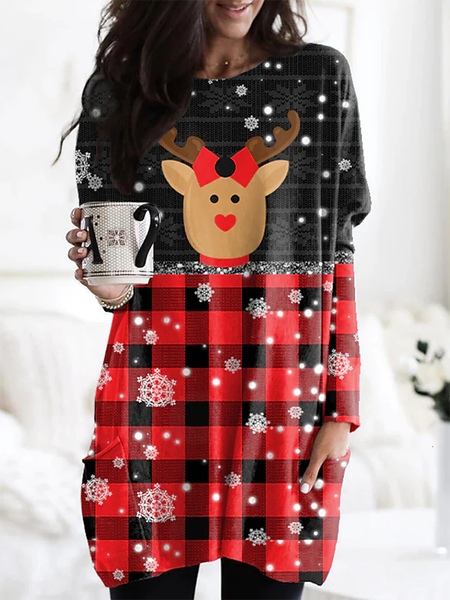 

Long Sleeve Christmas Printed Crew Neck Casual Dresses, Multicolor, Mini Dresses