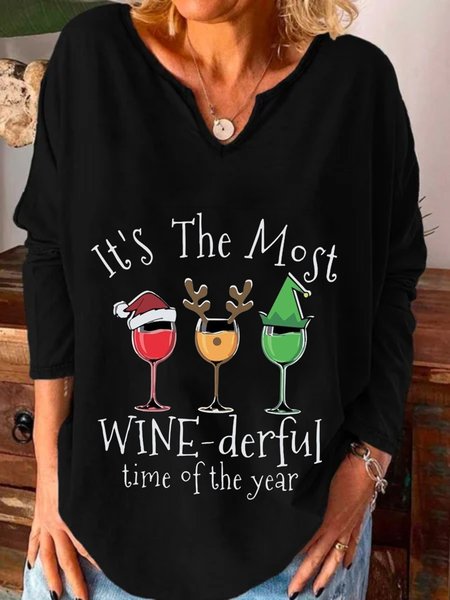 

Christmas Xmas Long Sleeve U Neck Plus Size Printed Tops T-shirts, Black, T-Shirts