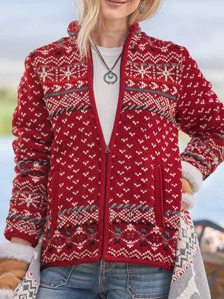

Christmas Red Crew Neck Vacation Outerwear, Outerwear