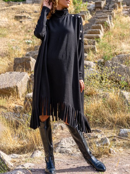 

Simple Off Shoulder High Neck Dresses, Black, Midi Dresses