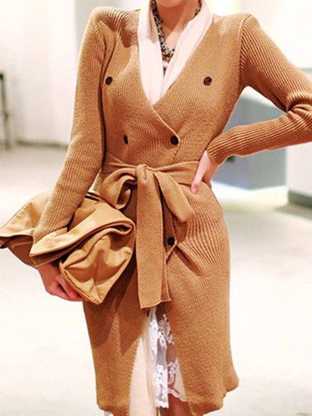 

V Neck Long Sleeve Solid Daily Outerwear, Khaki, Cardigans