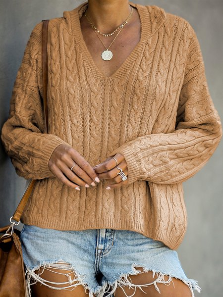 

Simple Solid Hooded Long Sleeves Knitted Sweater, Khaki, Knitwear & Sweaters