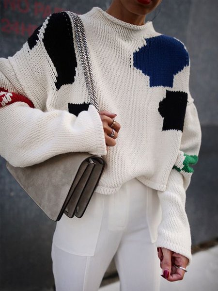 

Long Sleeve Daily High Neck Loosen Sweater, White, Pullovers