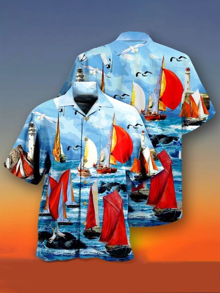 

Flag Short Sleeve Shirt Collar Shirts & Tops, As picture, Shirts ＆ Blouse