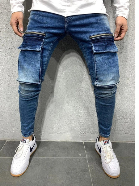 

Men's tooling pocket casual jeans with small feet, Blue, Jeans