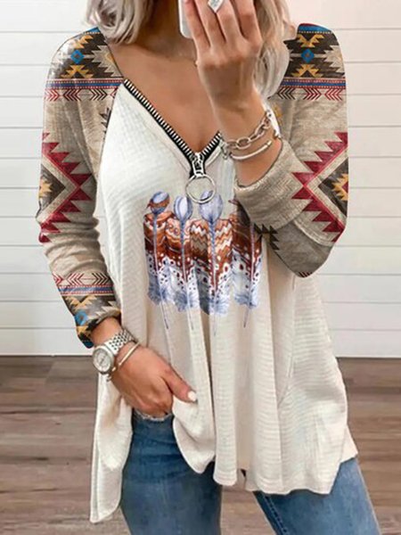 

Color Block V Neck Casual Shirts & Tops, As picture, Tops