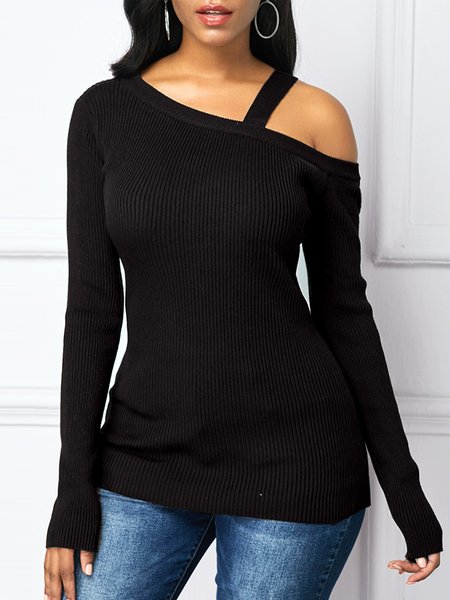 

Long Sleeve Solid Off The Shoulder Skinny Top, Black, Tops