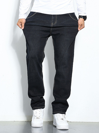 Men's Plain Straight-leg Casual Jeans, Black, Jeans