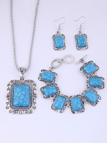 

Vintage Turquoise Alloy Necklace Earrings Bracelet 3 Piece Set, Blue, Rings