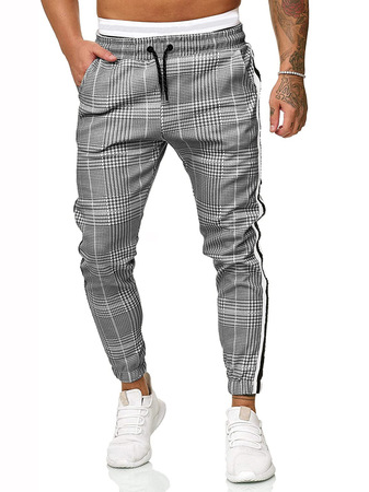 

Men's slim-fitting ribbon plaid printed tie belt casual leggings, Flower, Pants