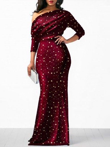 

Elegant Asymmetrical Neck Maxi Dress, Wine red, Maxi Dresses