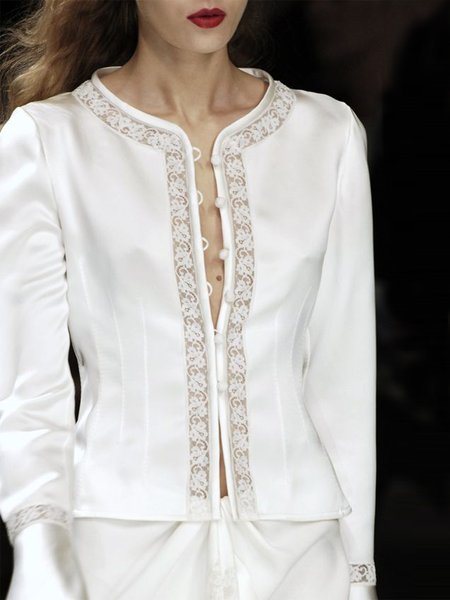 

Long Sleeve Solid Elegant Crew Neck Outerwear, White, Jackets