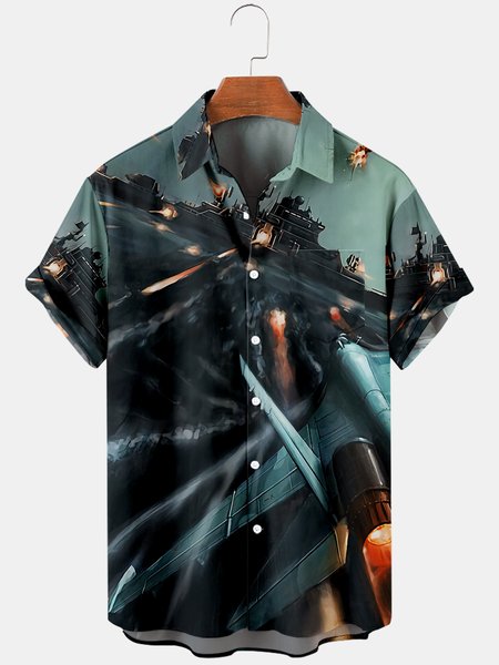 

Plane Casual Short Sleeve Shirts, As picture, Men's Floral shirt