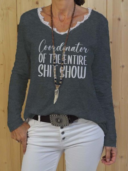 

V Neck Loosen Cotton Blends Shirts & Tops, Gray, Tees & T-shirts