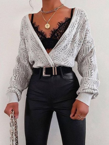 

Long Sleeve Regular Fit Lady Solid Outerwear, Gray, Cardigans