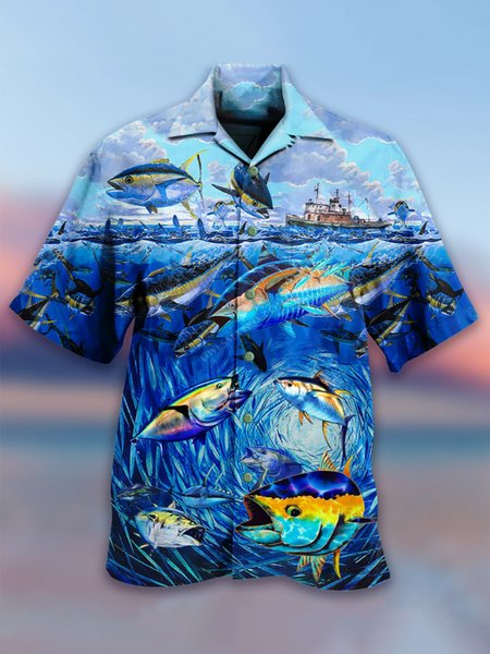 

Shirt Collar Fish Short Sleeve Shirts & Tops, As picture, Shirts ＆ Blouse