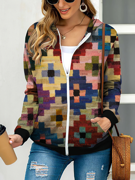 

Hooded Geometric Casual Knit coat, Multicolor, Coats