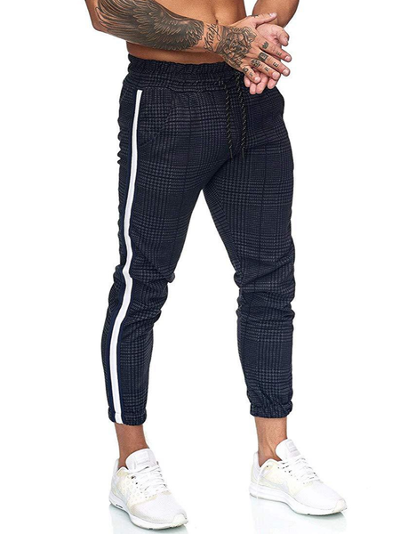 

Men's Casual Houndstooth Printed Color Blocking Sweatpants, Navyblue, Pants