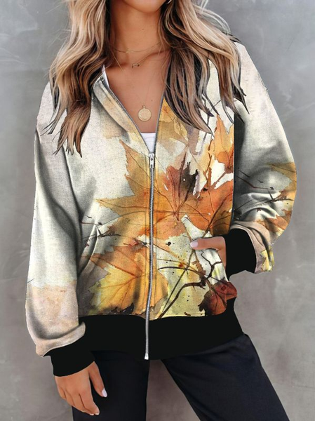 

Leaves Hooded Regular Fit Casual Outerwear, Light orange, Outerwear