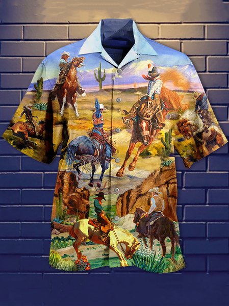 

Mens Vintage Cowboy Print Loose Short Sleeve Shirts, Brown, Men's Floral shirt
