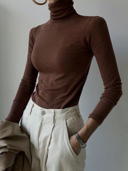 

Long Sleeve Skinny Casual High Neck Top, Brown, Tops