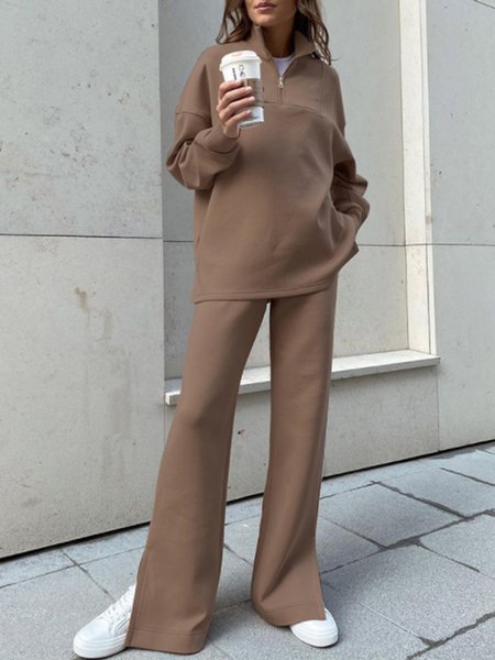 

Solid Casual Sporty Suits Top With Pants, Khaki, Two-piece Set