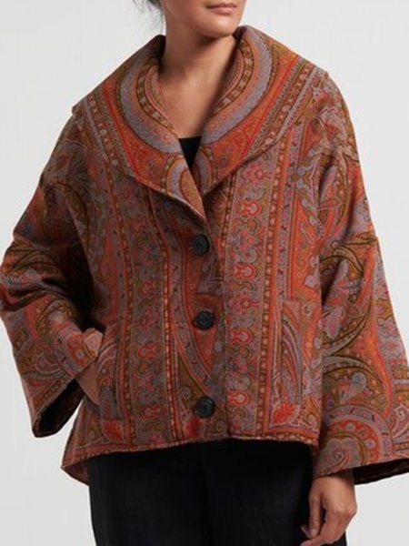 

Vintage Geometric Printed Pockets Long Sleeves Plus Size Casual Jackets, Red, Outerwear