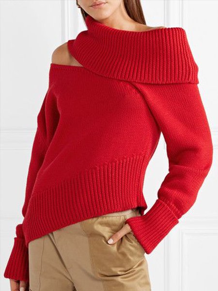 

Vintage Casual Basics Simple Statement High Neck Sweater, Red, Pullovers