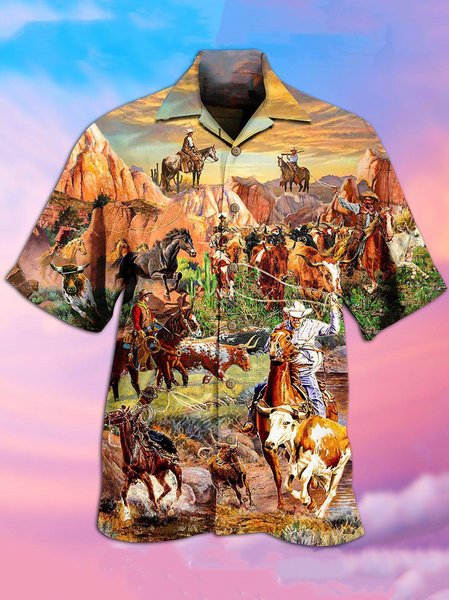 

Mens Vintage Cowboy Print Loose Short Sleeve Shirts, Brown, Men's Floral shirt