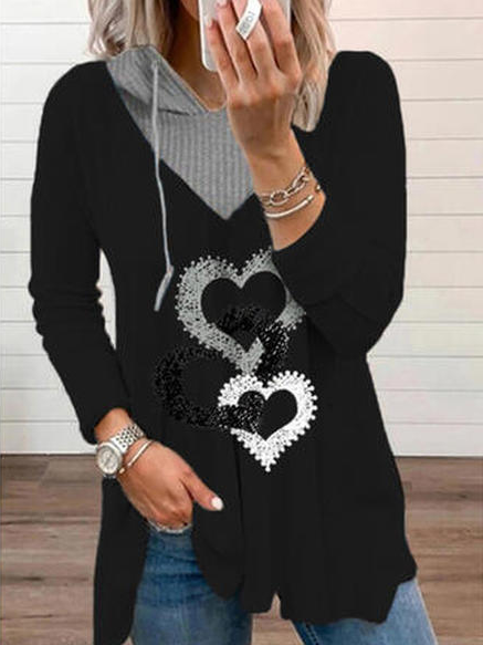 

Hooded Cotton Blends Geometric Shirts & Tops, Black, Long sleeve tops