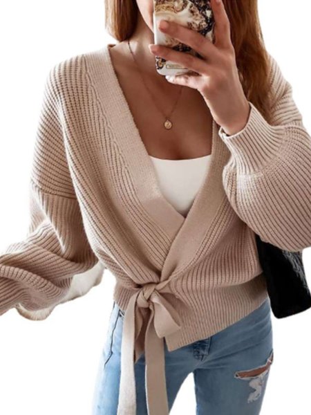 

Long Sleeve Solid Casual Loosen Outerwear, Khaki, Cardigans