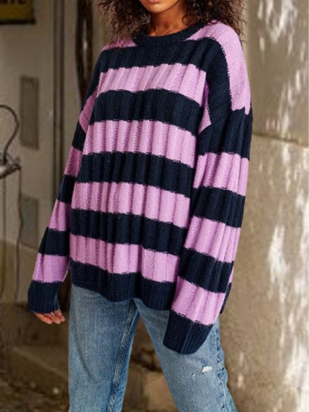 

Striped Casual Yarn/Wool Yarn Sweater, Black-purple, Sweaters