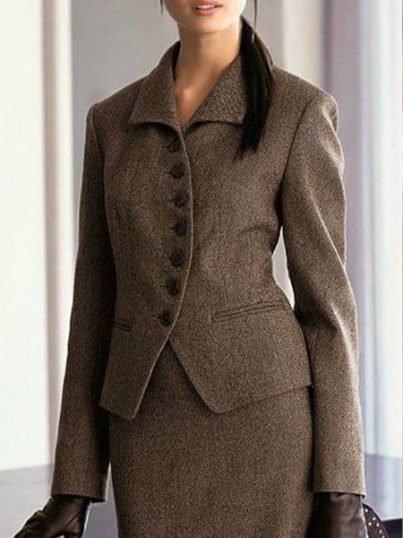 

Solid Slim Fit Elegant Buttoned Outerwear, Coffee, Blazers