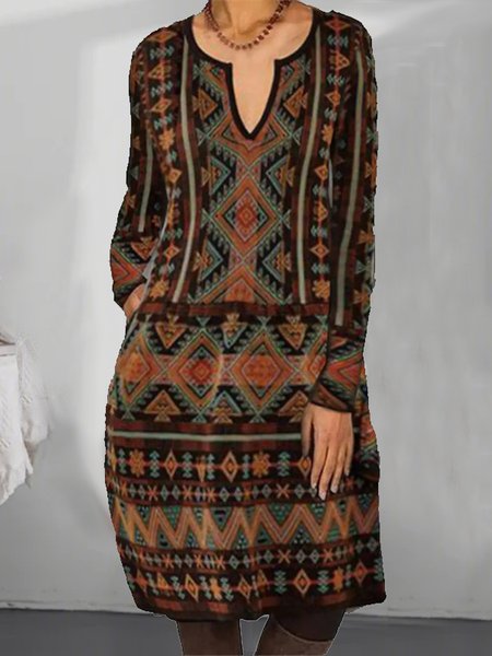 

Women's Tribal Geometric Pocket Print Fall V Neck Casual Dress, As picture, Midi Dresses