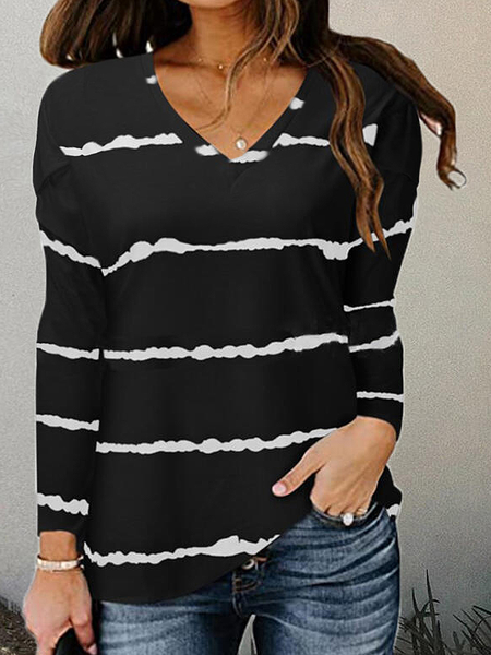 

Cotton Blends Striped V Neck T-shirt, Black, Long sleeve tops