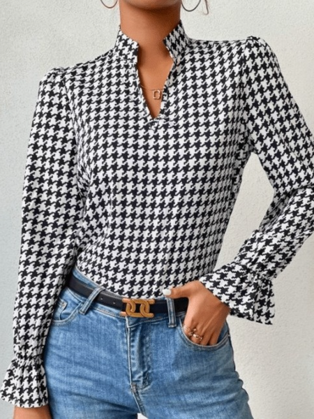 

Winter Geometric Non-Stretch Long sleeve Stand Collar Elegant Tops, As picture, Blouses and Shirts