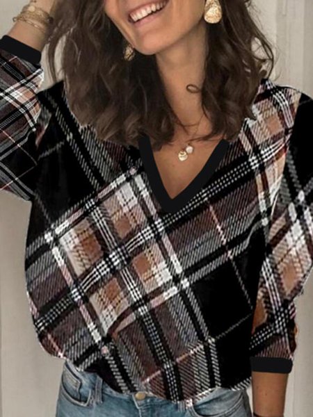

Casual Checked/Plaid Printed V Neck Loosen Shirts & Tops, Black, Tops