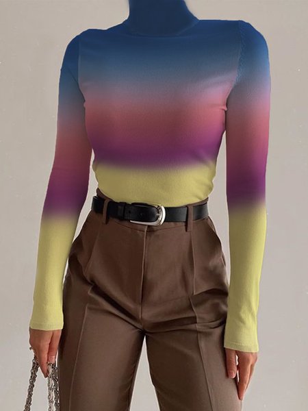 

Long Sleeve High Neck Ombre Skinny Top, Multicolor, Tops