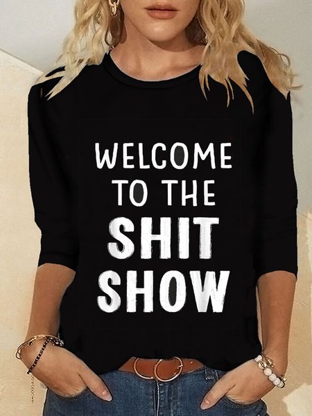 

Casual Long Sleeve Round Neck Plus Size Printed Tops T-shirts, Black, T-Shirts