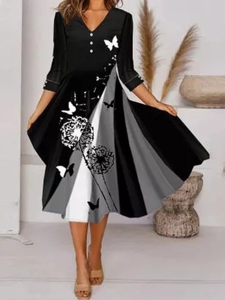 

Regular Fit V Neck Butterfly Dresses, Black, Casual Dresses