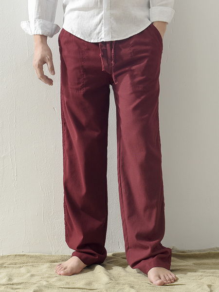 Men's Linen Elastic Waist Casual Loose Trousers, Wine red, Pants