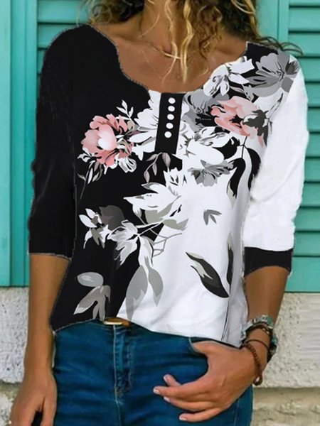 

Floral V Neck Loosen Shirts & Tops, Black-white, Tops